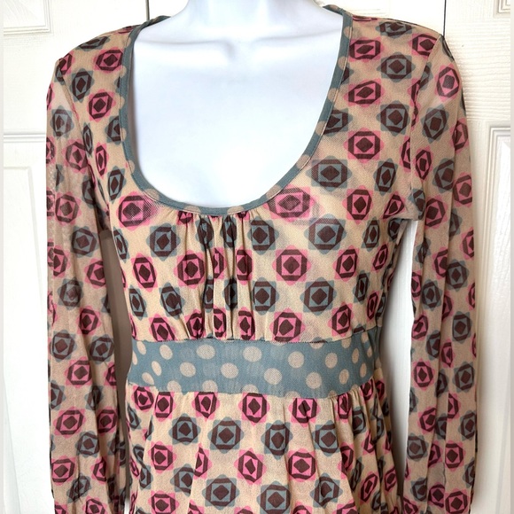 Vintage SWEET PEA Mesh Top Shirt Geo Polka Dot Blouse Y2K Blue Pink Tan Scoop - Picture 4 of 8